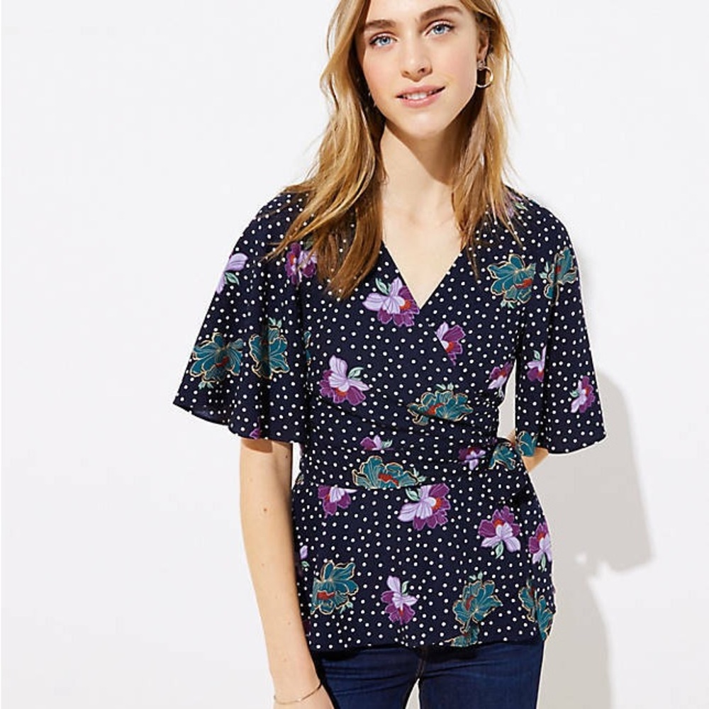 Loft‎ Navy Blue Polka Dot Floral True Wrap Short Sleeve Blouse